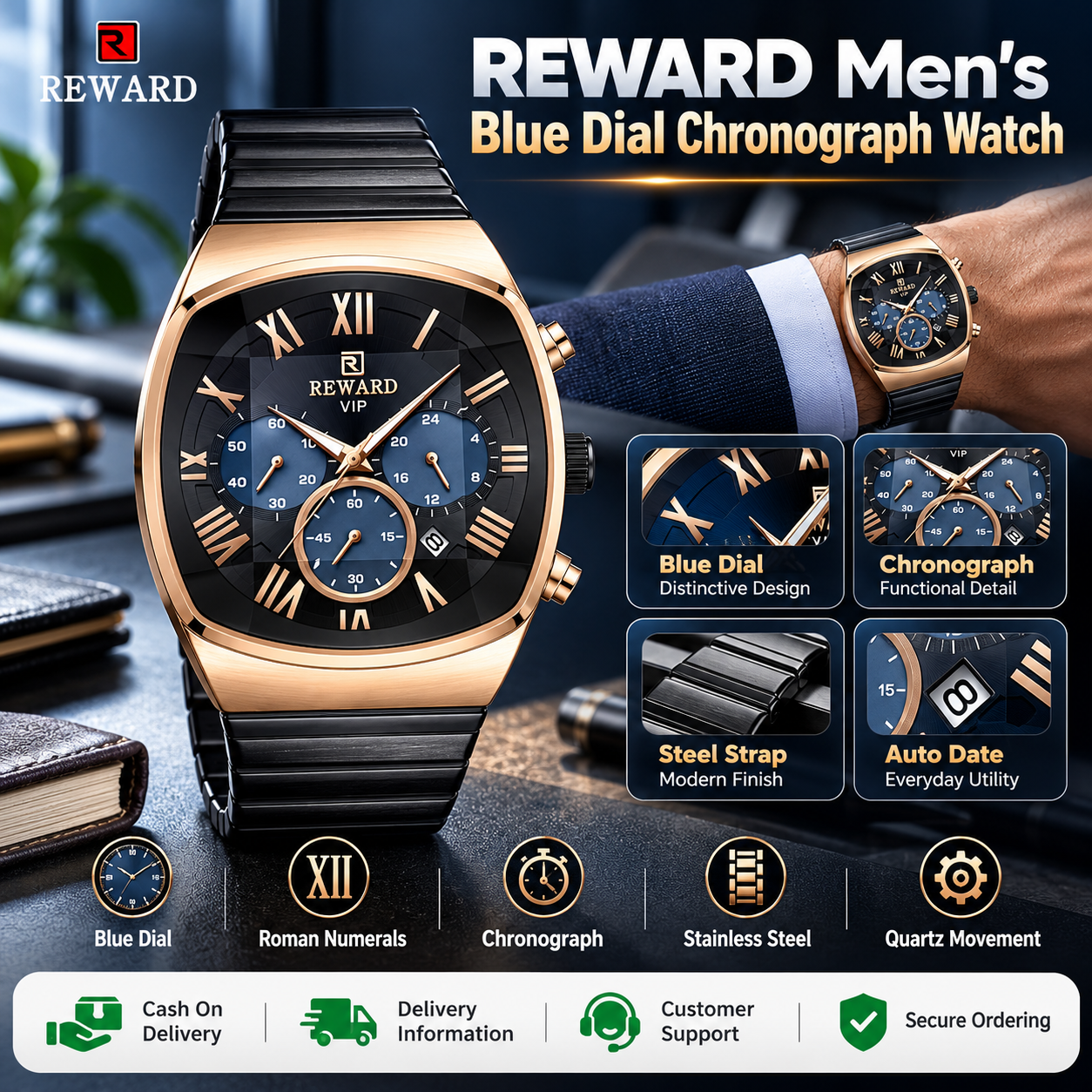 Reward Men’s Blue Dial Chronograph Watch